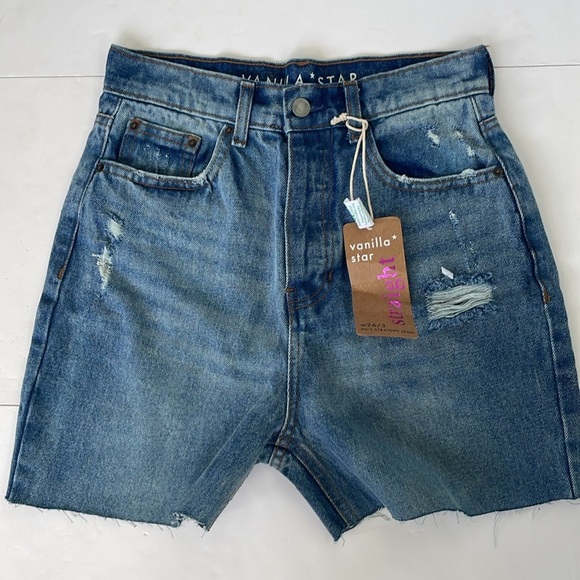Vanilla Star 90s Straight Jean Blue Distressed High Waisted Denim Short 26/3 - Picture 15 of 17